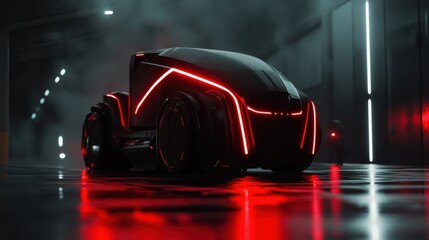 A sleek, futuristic vehicle stands in a moody, illuminated environment, showcasing cutting-edge design with vivid red neon highlights against a dark background.