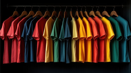 Row of colorful t-shirts on wooden hangers