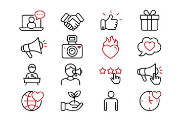 Fifteen Minimalist Line Art Icons Red Black vector