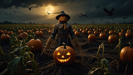 A pumpkin-headed scarecrow with glowing eyes, standing in a dark cornfield under stormy skies, surrounded by crows with human eyes.