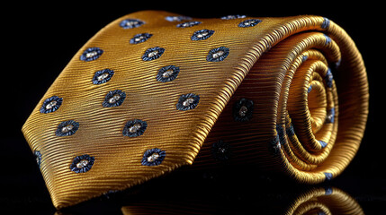 Rolled golden tie with navy blue polka dots
