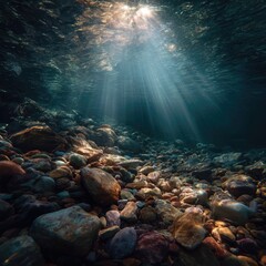 Obraz premium Sunbeams illuminate a riverbed's smooth, colorful stones, creating a dramatic underwater scene of shadows and light