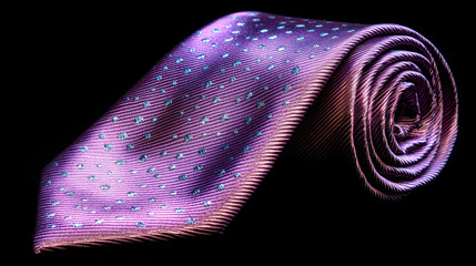 Rolled tie, mauve-purple with teal-blue polka dots, close-up