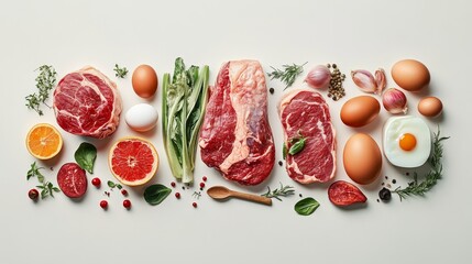 Fruits, vegetables, quality meat, egg, milk and selenium elements, business illustration style 