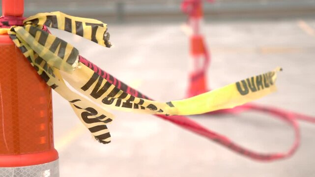 Torn caution tape blowing in wind slow motion
