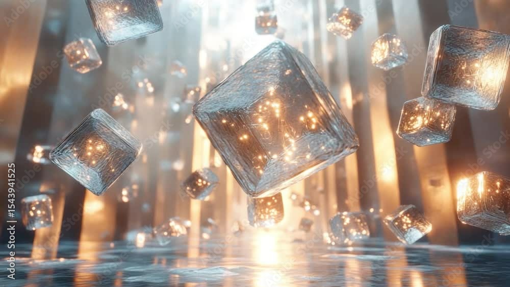 Poster Crystalline Cubes in Abstract Light: Intricate structures of shimmering cubes are suspended in a ethereal chamber, each facet reflecting a luminous dance of light.