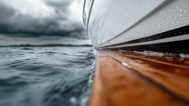 An intimate close-up capturing the sleek hull of a boat gliding over tranquil waters, conveying a sense of adventure and the beauty of serene aquatic experiences.