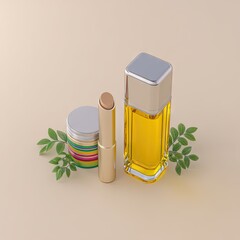 Gold Lip Balm and Yellow Oil Bottle on Beige Background