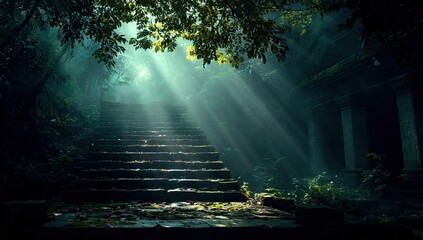 Sunbeams pierce a mist-shrouded, moss-covered stone staircase leading to a dark, overgrown temple ruin © twobrother
