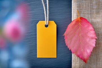 Gold Tag with Red Leaf on Burlap Background