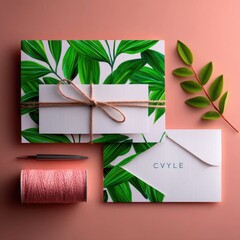 Elegant Invitation Mockup with Twine Bow and Tropical Leaves