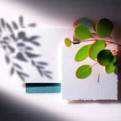 Elegant Letterpress Stationery on Textured Surface with Eucalyptus