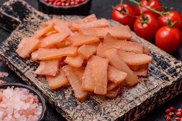 Food, dried squid in shavings or chopped as snacks or jerky. Snack dried squid for beer