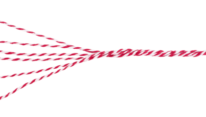 Twisted Threads. Red and white yarn isolated on transparent background. Stock photo.