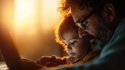 A touching scene capturing a grandfather and his young grandchild working on a laptop together, showcasing the bond of family and the joy of learning.