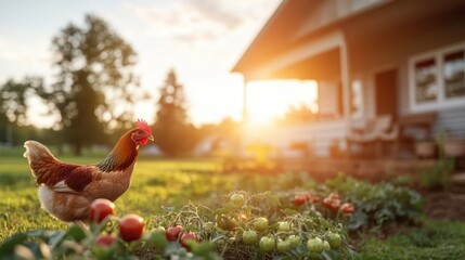 Fototapeta premium A picturesque rural scene featuring a hen roaming freely in a vegetable garden, symbolizing sustainable living and the beauty of nature in a home setting.