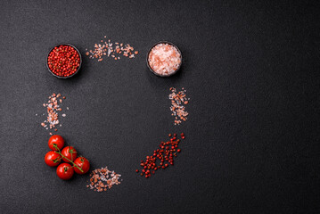 Ingredients for cooking cherry tomatoes, salt, spices and herbs