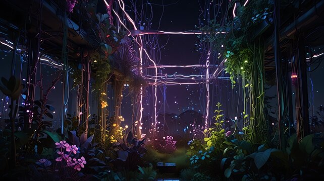 Enchanted Night Garden A Digital Art Piece Featuring Luminous Plants and Mystical Structures - Powered by Adobe