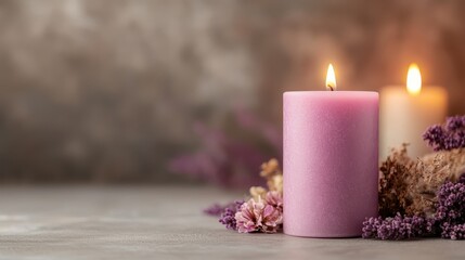 A delicate pink candle surrounded by soft flowers creates a calming atmosphere, perfect for relaxation and enhancing the ambiance of any space with tranquility.