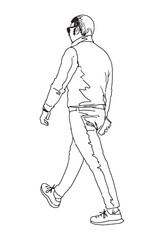 Fototapeta premium Contour drawing of one casual modern man pedestrian in sunglasses with smartphone, walking outdoors, side view, realistic hand drawn vector illustration isolated on white