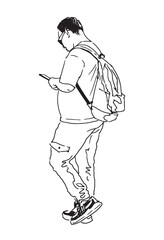 Fototapeta premium Contour drawing of one casual modern tourist man in sunglasses with backpack using smartphone, walking outdoors, side view, realistic hand drawn vector illustration isolated on white
