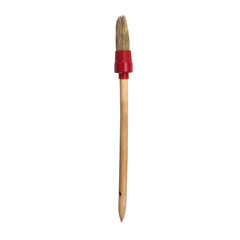 A paintbrush with a wooden handle and bristles, used for applying paint or other materials.