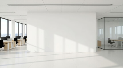 White open space, blank wall, pristine, modern open-plan office space featuring a large blank white wall in the foreground, perfect for text or branding. To the left, rows of light-colored desks