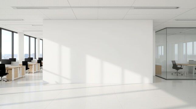 White open space, blank wall, pristine, modern open-plan office space featuring a large blank white wall in the foreground, perfect for text or branding. To the left, rows of light-colored desks - Powered by Adobe