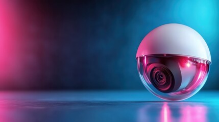 A futuristic security camera captures attention with its spherical lens and vibrant lights, representing the intersection of technology and safety in contemporary society.