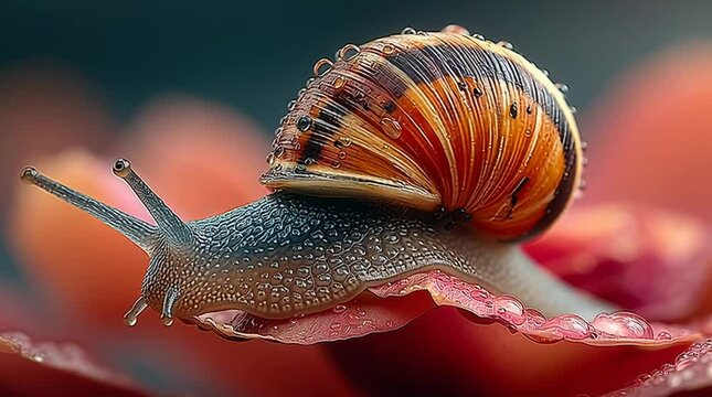 A snail slowly gliding across the petal of a coral rose, its translucent shell catching glints of natural light