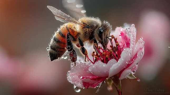 A honeybee landing gently on the center of a pale pink rose, wings frozen mid-motion, fine pollen dust visible on its fuzzy legs.