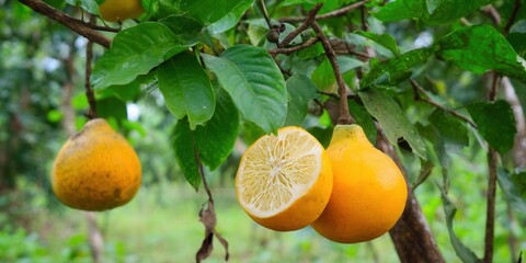 Close up of fresh, ripe oranges on a tree branch with green leaves and soft background.