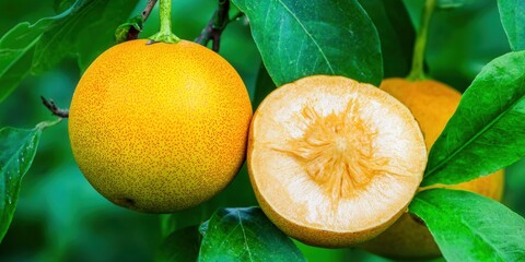 A bright yellow fruit, possibly a citrus fruit, sliced open to reveal its juicy pulp.