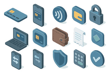 Isometric digital wallet and payment security icons set