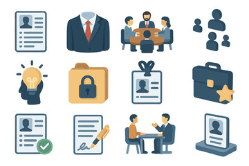 Business meeting and office icons with documents, suit, and briefcase