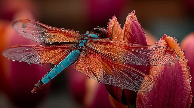 A dragonfly with iridescent wings resting on the tip of a vibrant red tulip, captured in extreme macro