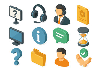 Isometric customer support icons with tech elements