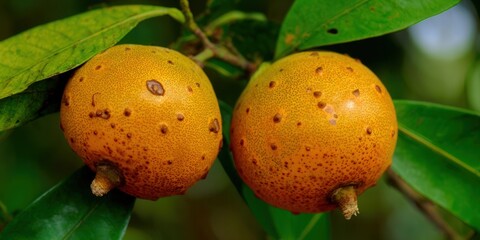 Close-up of two vibrant orange fruits, likely tropical, hanging from a leafy branch.