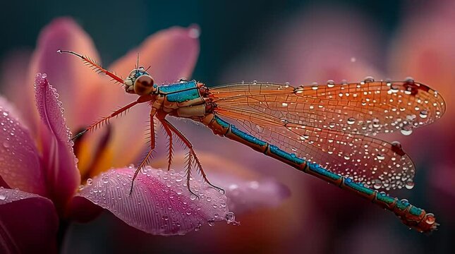 A damselfly perched lightly on a pink tulip petal, morning dew on its slender wings and flower surface