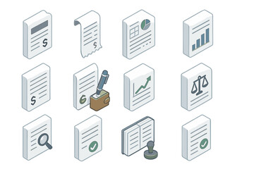 Isometric business document icons featuring graphs and analysis tools