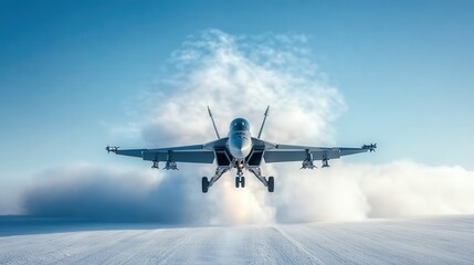 Obraz premium A stunning image of a fighter jet taking off against a backdrop of blue skies and white clouds, showcasing the power and speed of modern aviation technology.