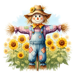 Charming watercolor illustration of a friendly scarecrow standing in a vibrant sunflower field on a sunny day PNG file isolated on transparent background cut out, clipping path, social media.