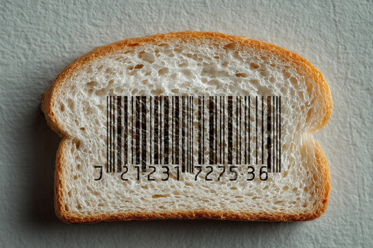 Barcode Bread: A slice of bread imprinted with a detailed barcode, presented on a neutral surface, sparking thoughts about consumerism, food industry.
