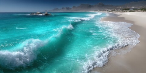 The turquoise sea meets a sandy beach, a beautiful coastal landscape scene.