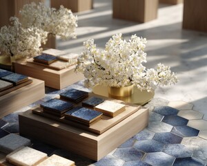 Sunlit display of square tiles in blue and off-white hues, showcased on wooden platforms alongside delicate white orchids in brass vessels, set atop a hexagonal tile floor