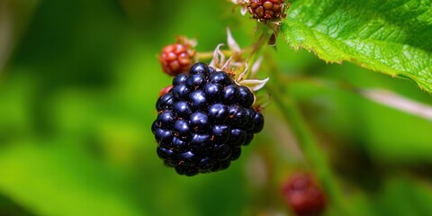 A close-up shot showcasing a ripe, juicy blackberry cluster on a branch, ready for harvest.