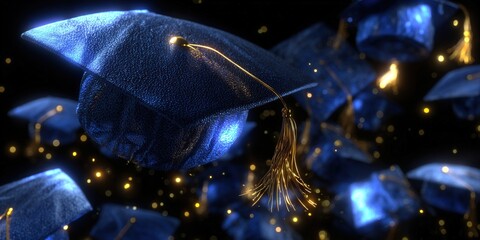 Graduation caps float in the dark with bokeh lights celebrating academic success.