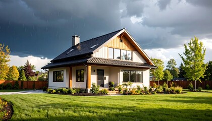 Modern House with Stormy Sky, and Green Lawn.