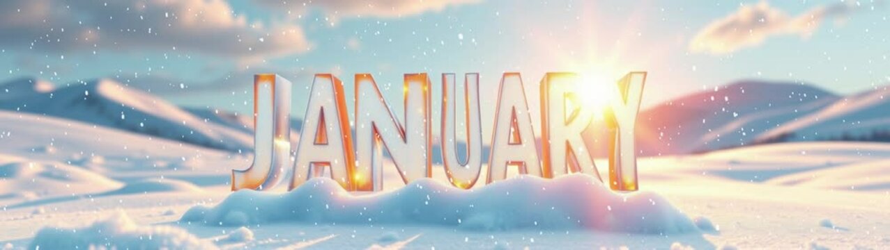 Text january  snow covered ground with a sun in the background
