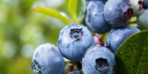 Juicy blueberries, freshly picked, glistening with morning dew against a green background.